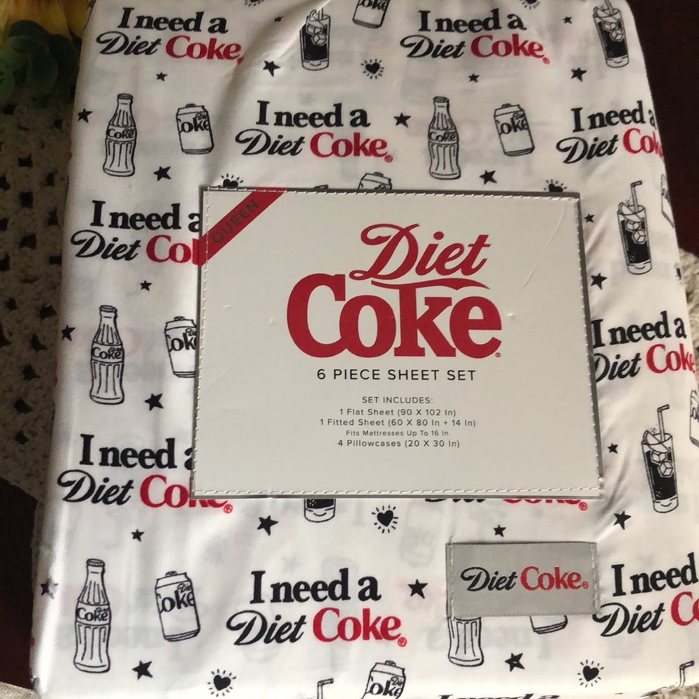 Diet Coke White QUEEN Sheet Set with Red and Black Logo Print